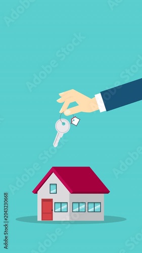 Hand holding key over the house. House buying 4k video animation