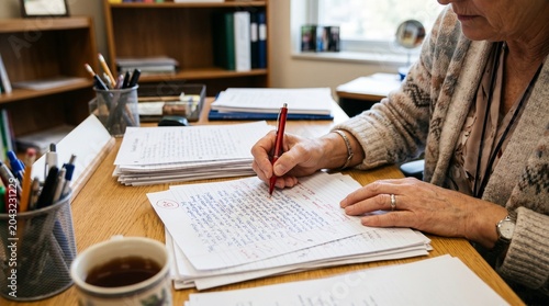 Teacher grading student papers at desk with red pen and coffee