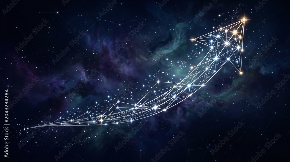 Obraz premium Glowing star constellation forming an upward arrow in deep space representing growth and success in a magical cosmic style