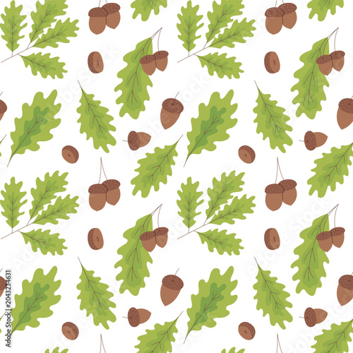Oak leaves and acorns seamless pattern. Vector pattern with oak leaves and acorns