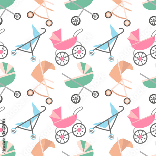 Baby strollers seamless pattern. Pattern with strollers in pastel colors flat style