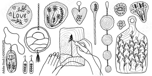 Wood burning workshop set. Hand drawn tools for wood burning, hands holding a soldering iron making a picture through wood burning