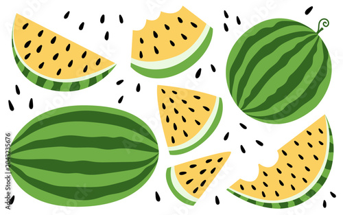 Ripe yellow watermelon set. Flat vector yellow watermelon slices and seeds set