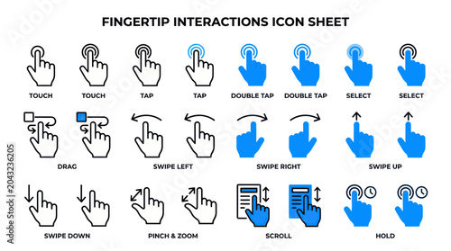 Obraz na płótnie Fingertip Interaction Icon Sheet: Touch, Tap, Swipe, Drag, Pinch, Zoom, Scroll,