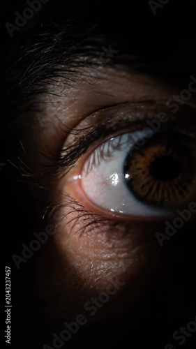 Close up eye brown iris human eye fear horror low key dark macro detail expression closeup human eye brown iris pupil shadow dramatic macro view
