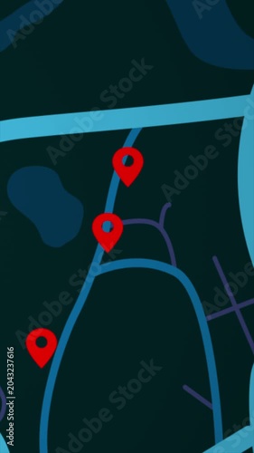 Vertical Video 4K UHD Animated city map with location pins and navigation routes. Modern GPS tracking concept for smart city