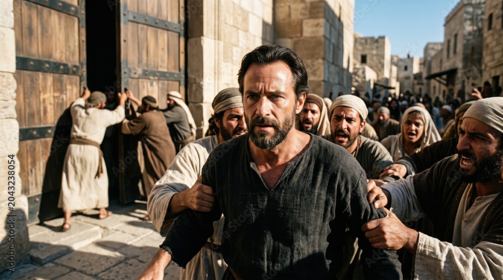 Obraz premium Apostle Paul captured by angry mob in Jerusalem temple. Biblical scene depicting man dragged through ancient city gates by aggressive crowd. Historical religious drama recreation concept.