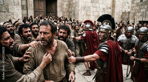 Apostle Paul arrested by Roman soldiers in Jerusalem temple. Biblical scene representing confrontation between authorities and mob. Historical drama capturing chaotic arrest in ancient city.