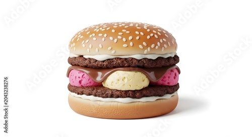 Dessert burger with ice cream and chocolate isolated on white background high quality