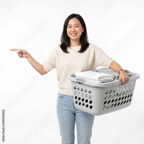 Smiling Asian Woman Promoting Professional Home Cleaning Service with Laundry Basket