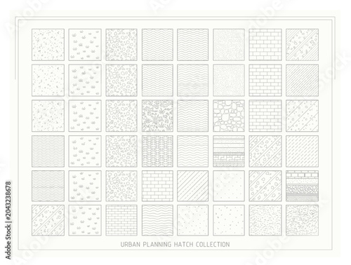 Urban planning hatch collection, architectural CAD pattern swatches, professional landscape design textures, technical drawing vector set