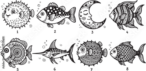 Bilde på lerret Eight stylized fish and sea creature illustrations
