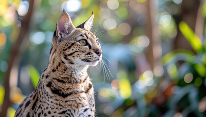 Serval Cat Portrait in Natural Sunlight with Bokeh Background.