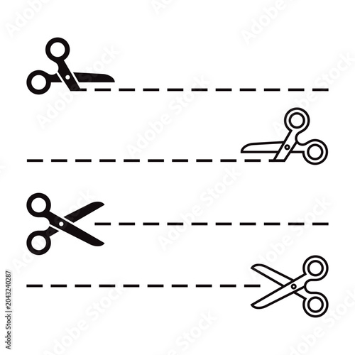 Scissors with cut lines icon set. Scissors cutting signs.