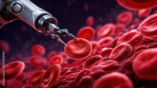 Futuristic robotic arm meticulously examines human red blood cells illustrating advanced nanotechnology and medical innovation within a microscopic biological environment