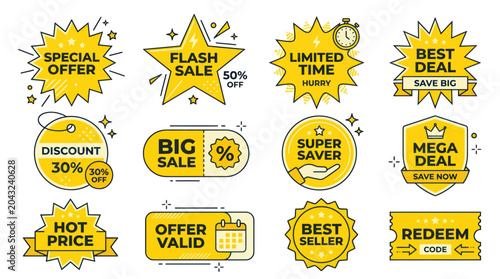Foto Yellow Sale Tags and Badges Set: Discounts, Offers, and Promotions
