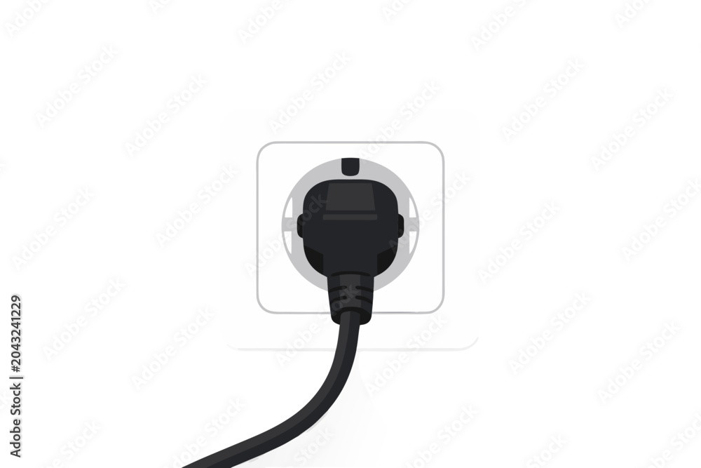 Obraz premium Electric plug inserted into wall socket vector illustration, black power cord and white outlet, modern energy connection isolated on transparent background