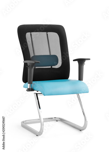 Sleek conference room meeting chair featuring a chrome metal cantilever base, padded cyan blue leather seat, adjustable armrests, and mid-back black mesh backrest, isolated on white background.