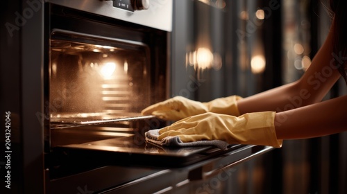 Woman wearing yellow gloves cleans the inside of a modern oven with a cloth. Close-up of a person meticulously cleaning the interior of a kitchen oven  ensuring a hygienic cooking environment