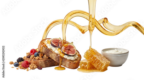 Golden honey pouring on fig toast with ricotta, fresh honeycomb and berries breakfast, sweet liquid maple syrup splash on gourmet sourdough isolated PNG with Transparent Background