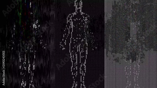 Digital silhouettes of people created using a matrix code rain. Abstract animation of a data stream with three human figures and crashes.
