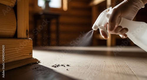 Gloved hand spraying disinfectant near rodent droppings on a wooden surface. Hantavirus prevention and home sanitation concept.