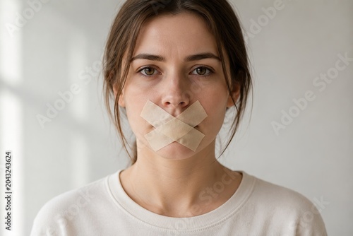 Young woman with tape covering her mouth looking directly at the camera. Silence, censorship and restricted expression highlight issues of voice and personal freedom