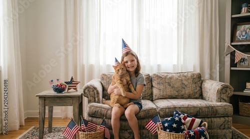 Girl and cat wearing party hats during an Independence Day celebration at home. Patriotic decorations and companionship create a festive family atmosphere