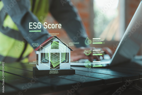 Foto ESG score eco technology concept industrial worker evaluating green building sus