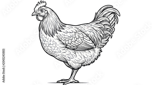Photos Black and White Hen Illustration - Detailed Farm Bird Drawing