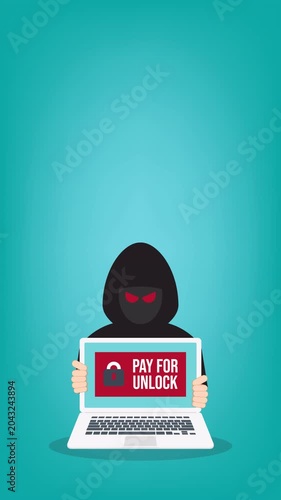 Ransomware Cyber Attack Concept – Hacker Demanding Payment to Unlock Laptop, Malware Cybercrime, Data Encryption Extortion, Cybersecurity Threat