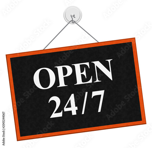 Open 24 7 black and orange sign isolated on white
