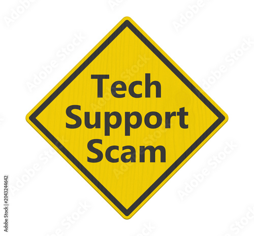 Tech Support Scam yellow warning sign isolated on white
