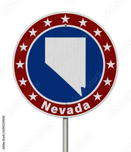 Nevada map with stars on a US red, white and blue road sign