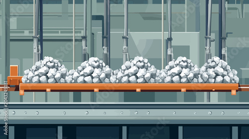An industrial conveyor system with rusty metal beams, overlapping pipes, and pressurized cargo of irregular grayish white ore carts, set against a muted gray facility