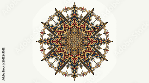 Intricate Ornate Twelve Pointed Star Mandala Design.