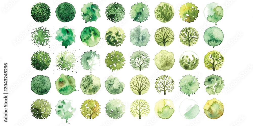 Fototapeta premium Set of green watercolor tree top view icons for architectural landscape design plan