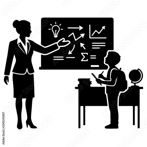 Tableau sur toile Teacher instructing student at blackboard with educational symbols and charts in