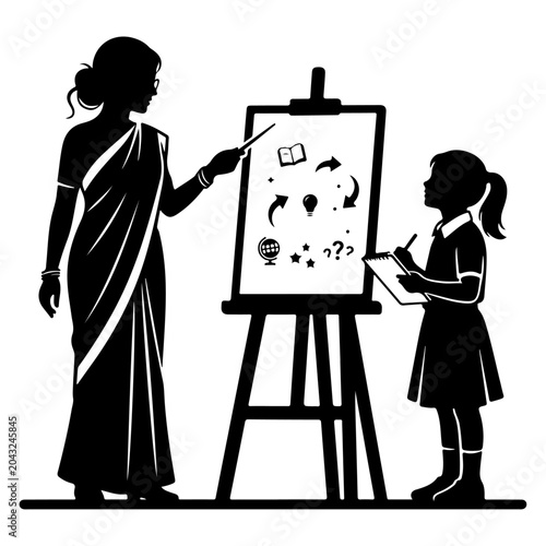 Photos Teacher instructing student at an easel with educational drawings, silhouette