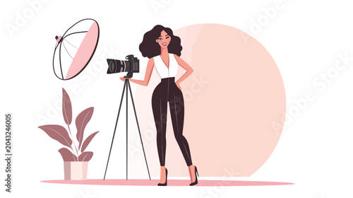 A confident cartoon woman with brown curly hair and black heels poses beside a black camera on a tripod, wearing a white sleeveless top and brown mesh-like shorts