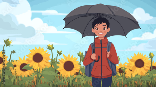 Young boy with backpack under a large umbrella in a sunny sunflower field today