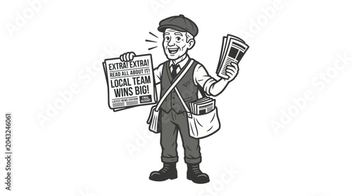 Photos Vintage Newsboy Shouting Headlines, Holding Newspapers - Local Team Wins Big!