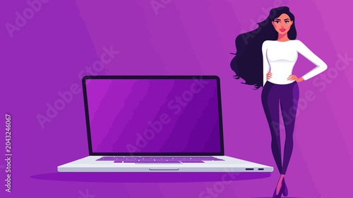 Digital illustration features woman and laptop on purple background. Vibrant colors define woman's outfit and device
