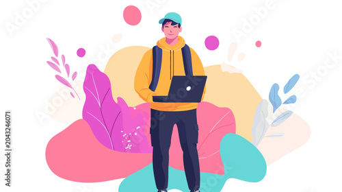 Person in yellow hoodie and teal cap with laptops amid vibrant abstracts florae
