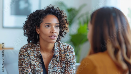 Two women in conversation, one with curly hair.