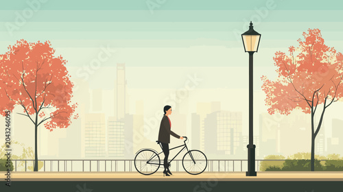 A lone cyclist glides along a city park path with autumn trees and soft skyline
