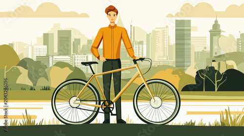 Illustration of a person in orange jacket holding a bicycle near a cityscape with autumn trees, river, and grass