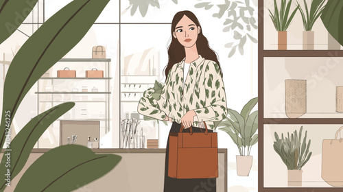 A stylish woman stands in a softly lit boutique surrounded by plants and shelves