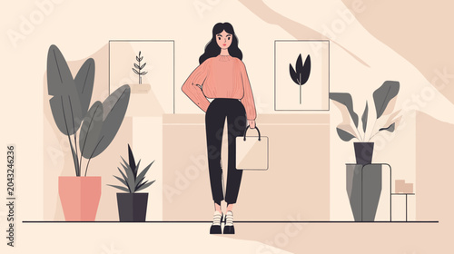 Stylish woman in peach blouse and black pants stands in a minimalist interior with plants
