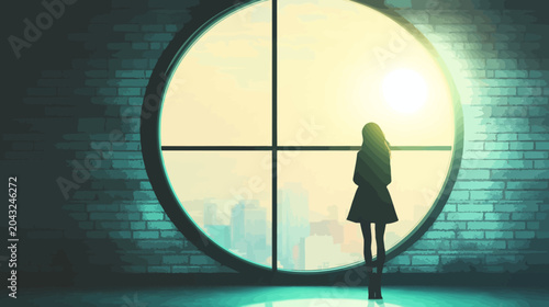A solitary figure gazes from a circular window at hazy cityscape at sunset now!!